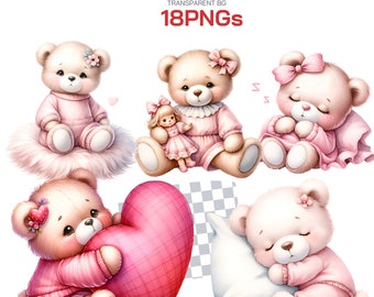 Pink Teddy Bear Clipart for Baby Shower - Cute Boho Teddy Bear, Hot Air Balloon Nursery Decor, 'We Can Bearly Wait' Baby Girl Clipart Pack
