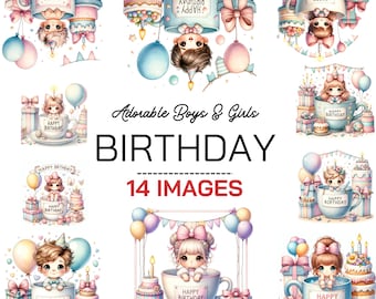 Happy Birthday Clipart - Cute Kids in Mug Design - Perfect for Customizing, Notebooks, Tumblers - Unique Birthday Gift Idea
