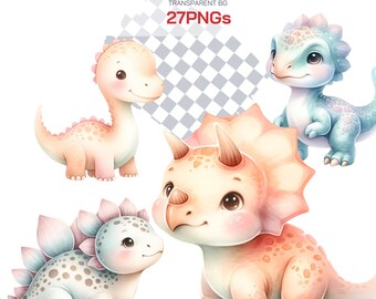 Adorable Baby Dinosaur Clipart - Cute Dino Nursery Decor PNG, T-Rex & Triceratops Illustrations, Perfect for Dinosaur Baby Shower and Party