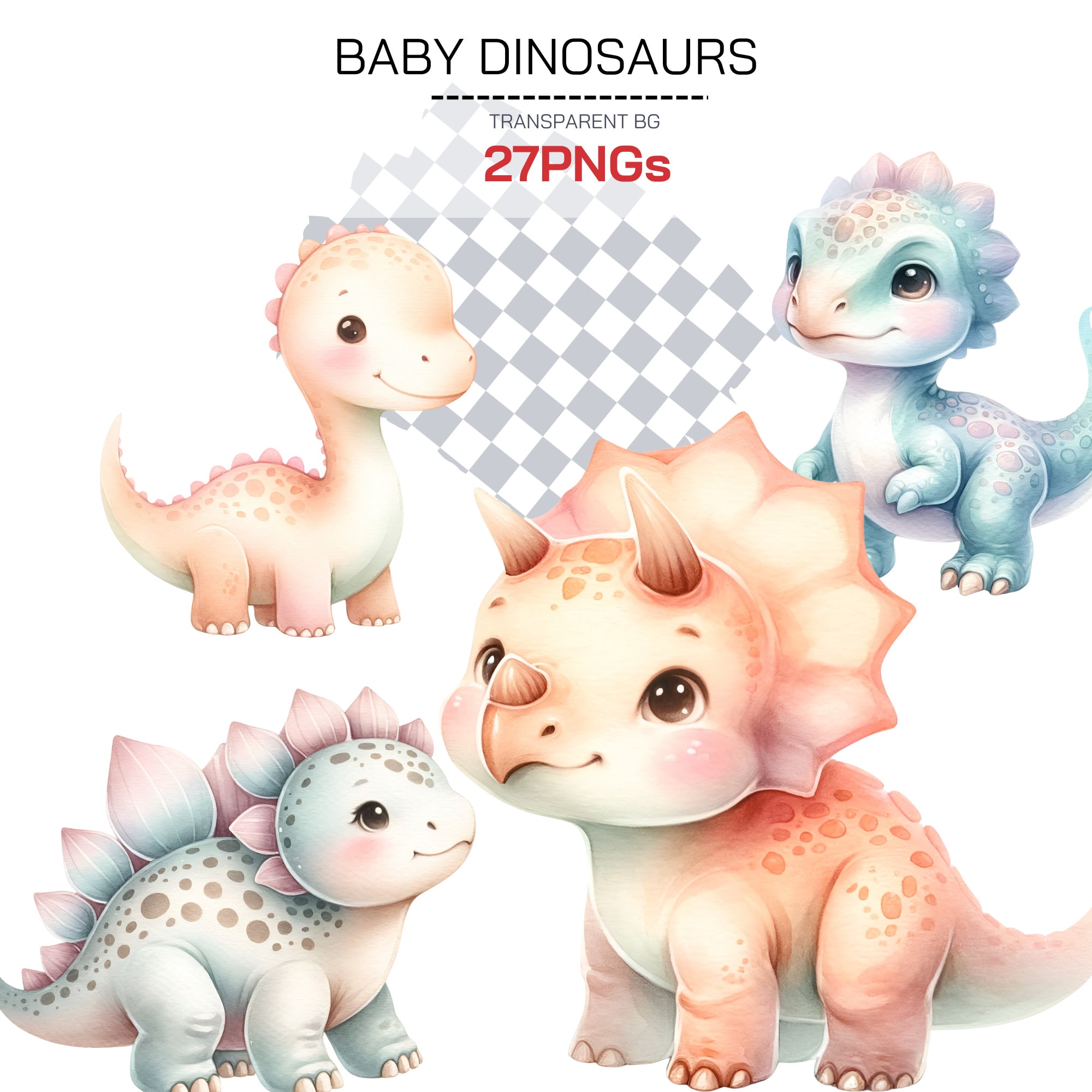 Adorable Baby Dinosaur Clipart - Cute Dino Nursery Decor PNG, T-rex ...