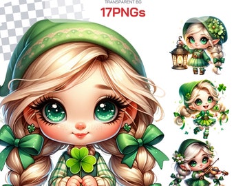 St. Patrick's Day Gnome Clipart bundle - Festive Irish Themed Gnomes for Sublimation Decoration and gift. Cute leprechaun Gnome Girls