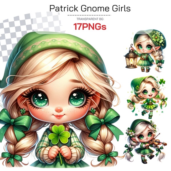 St. Patrick's Day Gnome Clipart bundle - Festive Irish Themed Gnomes for Sublimation Decoration and gift. Cute leprechaun Gnome Girls