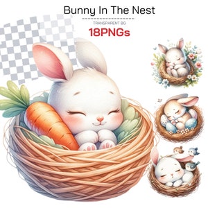 Lot de cliparts lapin dormant dans le nid - Parfait pour la décoration de Pâques et de chambre d'enfant, adorable cadeau de sublimation de lapin pour maman, papa et bébé.