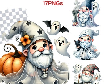 Ghost Gnome Halloween Clipart Collection | Cute and Spooky Watercolor Gnomes for Sublimation and Decor