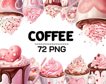 Coffee Clipart Bundle - 72 Pink Valentine Coffee Cup Graphics, Watercolor Espresso Cappuccino Art Crafting, Romantic Gift for Coffee Lovers
