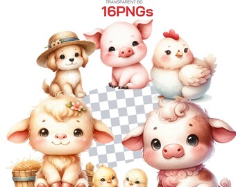 Farm Clipart Collection - Watercolor Barnyard Animals, Tractor & Pink Truck Illustrations, Perfect for Farm-Themed Birthdays and Crafts