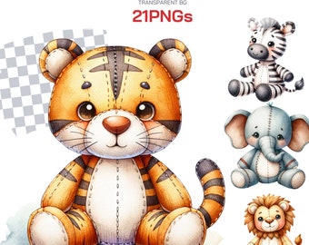 Cute Baby Stuffed Safari Animal Clipart bundle Set - Perfect for Nursery Decor and Cute Animal Safari Jungle Themed Project Gift Sublimation