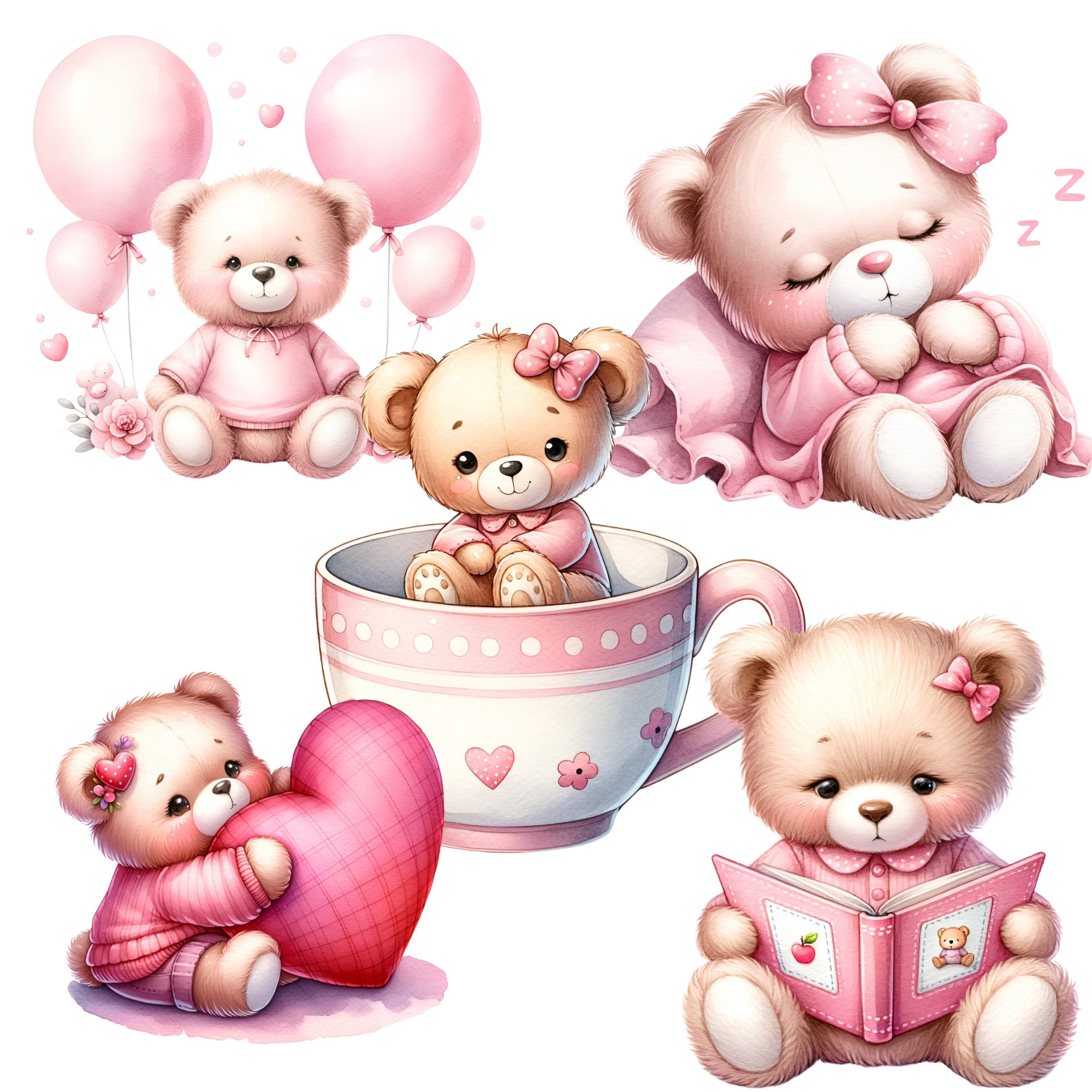 Pink Teddy Bear Clipart for Baby Shower - Cute Boho Teddy Bear, Hot Air ...