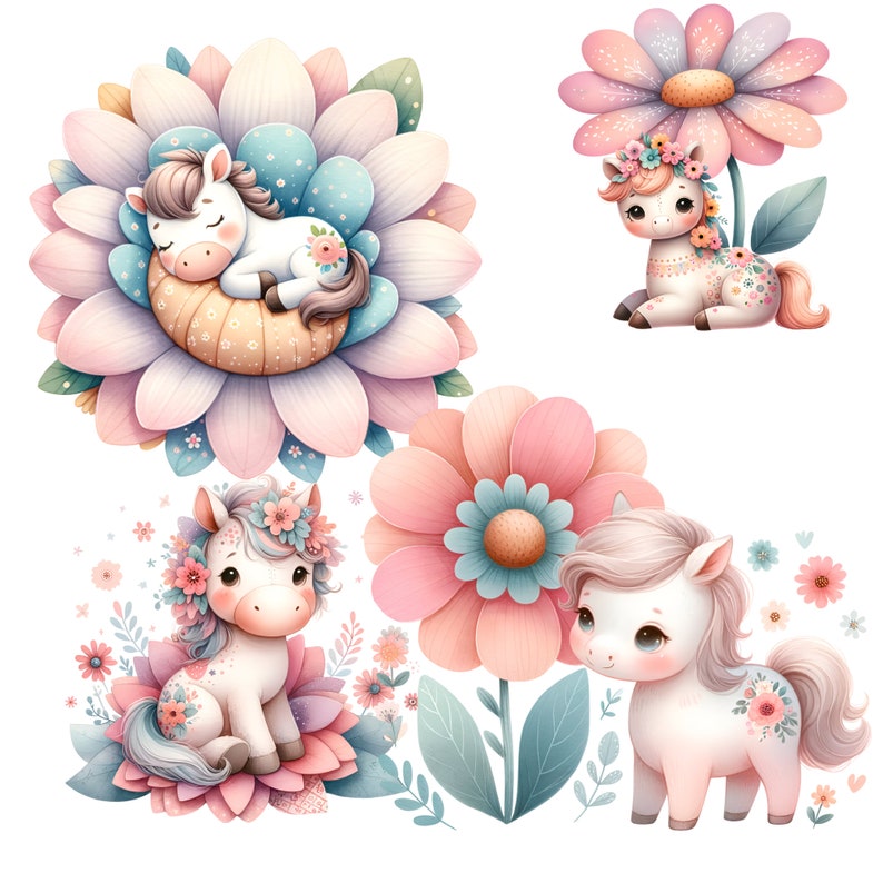 May include: Three cute cartoon horses with floral details are depicted in a whimsical illustration. Each horse is adorned with a flower crown and has a unique floral pattern on its body. The horses are surrounded by pink and blue flowers.