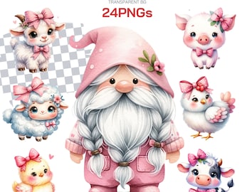 Pink Farm Clipart and Watercolor Animals Bundle Png Collection - Perfect for Farm-Themed Projects, Birthdays Gift, nursery , baby shower