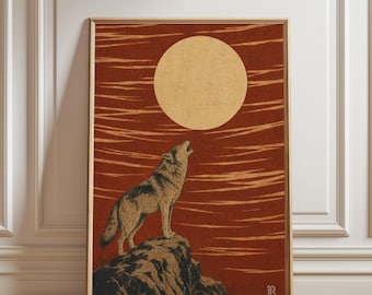 Japanese Wolf Art Print, Ukiyo-e Woodblock Style, Howling Wolf Moon Wall Decor, Minimalist Animal Poster