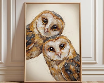 Whimsical Owls Art Print, Mid Century Retro Bird Poster, Funny Animal Wall Art, Home Decor for Kitchen or Living Room, Bird Lover Gift