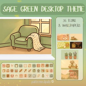 Sage Green Cottagecore Desktop Organizer – Botanical Wallpapers & Cute Icons for Mac and PC (Digital Download)