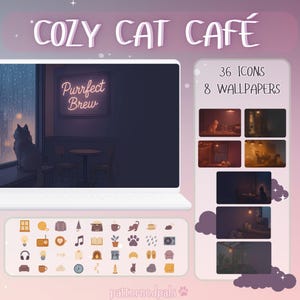 Cozy Cat Café Desktop Icons and Wallpaper Organizer Set | Aesthetic Cat Wallpaper and Mac Desktop Icons | Computer Wallpaper and Icons