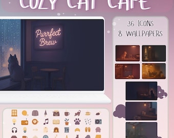 Ensemble d'icônes de bureau et de rangement pour papier peint Cosy Cat Café | Papier peint chat esthétique et icônes du bureau Mac | Papier peint et icônes d'ordinateur