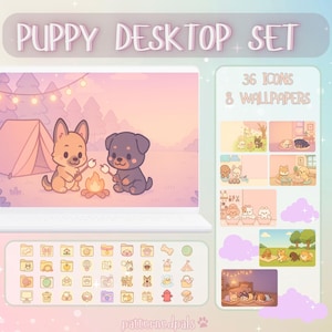 Puede incluir: Un conjunto de escritorio digital con temática de cachorros. Incluye 36 iconos y 8 fondos de pantalla. La imagen principal muestra dos cachorros de dibujos animados asando malvaviscos junto a una fogata. El conjunto tiene una paleta de colores pastel.