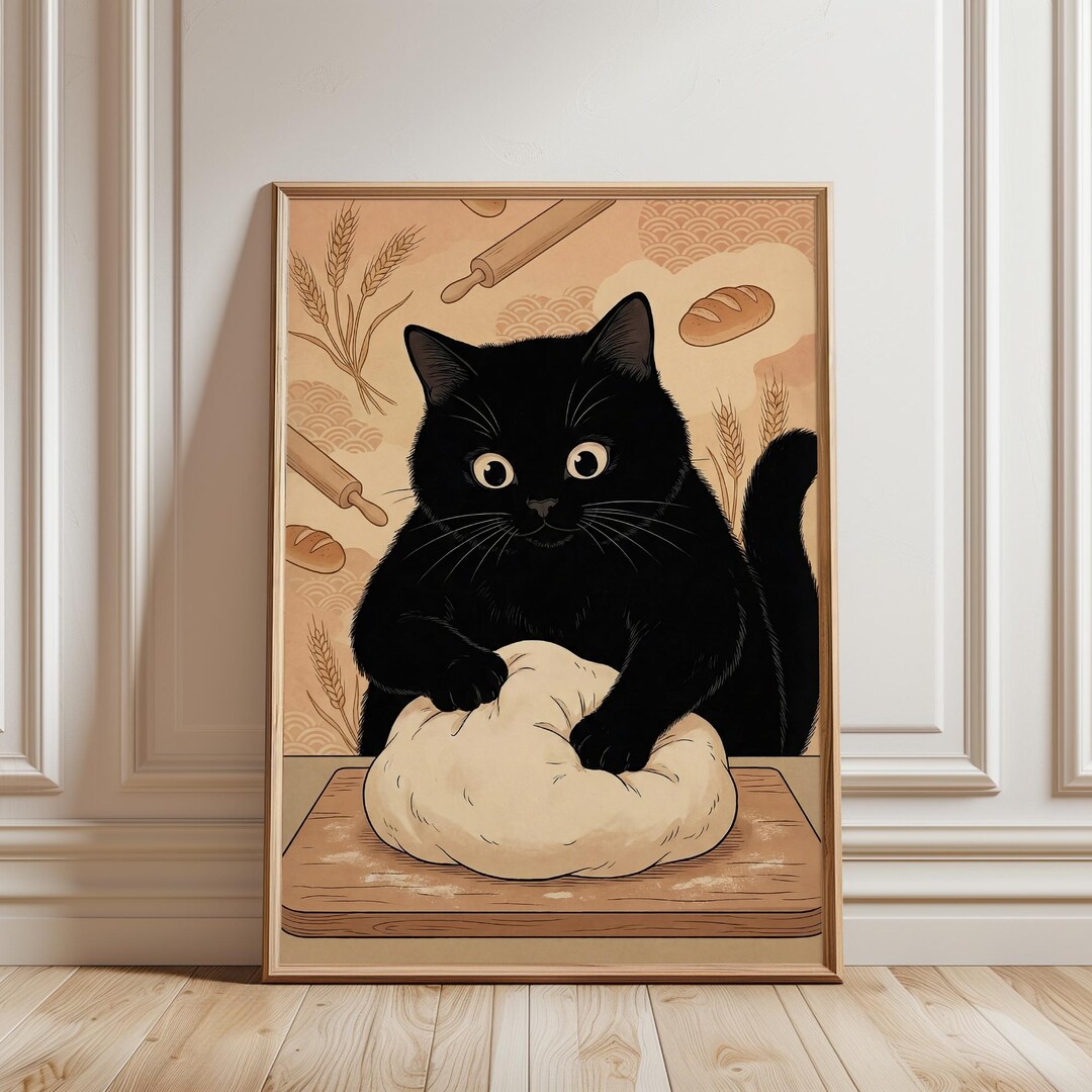 Black Cat Making Biscuits Poster, Sourdough Bakery Kitchen Wall Art ...
