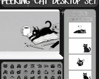 Peeking Cat Desktop Organizer | 27 Icons and 5 Wallpapers for Mac and PC