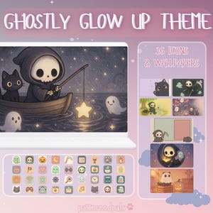 Puede incluir: Una pantalla de portátil muestra una ilustración de un personaje de la Muerte pescando una estrella, con un gato negro en un bote. La imagen forma parte de un "Ghostly Glow Up Theme" con 36 iconos y 8 fondos de pantalla, con temática de Halloween.
