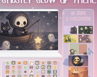 Paquete de iconos de la Parca Fantasma / Iconos y fondos de pantalla de Halloween Kawaii / Tema de estética pastel espeluznante para Mac, Windows y iPad