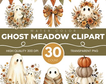 Vintage Boho Ghost Clipart Bundle, Watercolor Floral Ghost Clip Art PNGs