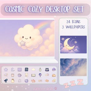 May include: Cosmic Cozy Desktop Set with a laptop displaying a cloud and rainbow wallpaper. Includes 24 icons and 3 wallpapers, featuring a moon and stars, and a dreamy galaxy design. The set has a pastel color scheme.