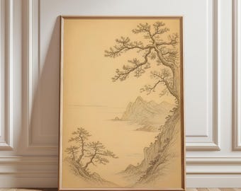 Japanese Ink Landscape Print, Antique Sepia Sketch Poster, Vintage Nature Wall Art, Minimalist Moody Japandi Decor