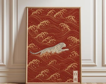 White Tiger Print, Japanese Ukiyo-e Wall Art, Asian Tiger Decor, Crimson Wave Poster, Minimalist Animal Art
