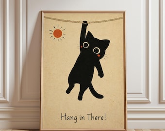 Hang in There Black Cat Poster, Funny Motivational Wall Art, Cute Mid Century Print, Inspirational Office Decor, Cat Lover Gift, Room Decor