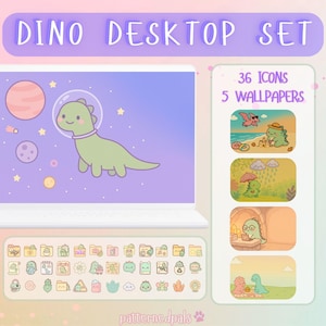 Kawaii Dino Desktop Set | Dinosaur Wallpaper + Cute Mac Icons | Lofi Aesthetic | Desktop Wallpaper Organizer | Computer Wallpaper and Icons