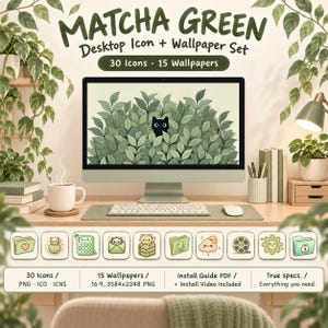 Matcha-grünes Desktop-Hintergrundbild- und Symbolset – 15 ästhetische Hintergrundbilder, 30 Kawaii-Desktop-Symbole für PC & Mac, Organizer-Design