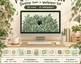 Matcha Green Desktop Wallpaper and Icon Set - 15 Aesthetic Wallpapers, 30 Kawaii Desktop Icons for PC & Mac, Organizer Theme