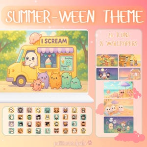 Op de afbeelding: Digitale kunst met een "Summer-ween" thema, met een gele ijskar en de tekst "I SCREAM". De afbeelding bevat 36 iconen en 8 wallpapers, met schattige monsterkarakters en strandscènes.
