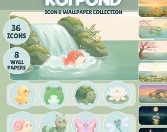 Koi Pond Kawaii Desktop Icon Pack | Cute Animal Folder Icons & PC Wallpaper Set | Aesthetic Desktop Organizer For Mac and Windows
