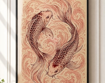 Koi Fish Poster -Japanese Wall Art Print, Vintage Woodblock Style Artwork, Red and Cream Asian Decor, Zen Nature Illustration