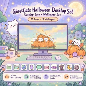 Può includere: Un set desktop digitale intitolato GhostCats Halloween Desktop Set con 30 icone e 15 sfondi. L'immagine mostra un monitor con uno sfondo di zucche e gatti fantasma, una tastiera, un mouse e una fila di icone colorate per le applicazioni.