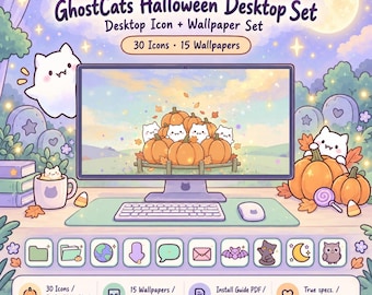 Halloween Desktop Icons Pack with Cute Ghost Wallpapers, Spooky Cat Theme
