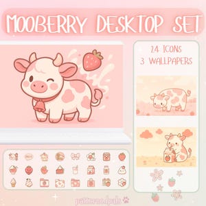 Puede incluir: Un conjunto de escritorio rosa y blanco con un diseño de vaca de dibujos animados. Incluye 24 iconos y 3 fondos de pantalla con temática de fresas. El texto "Mooberry Desktop Set" está en la parte superior, en una fuente divertida.