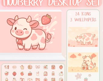 Desktop Wallpaper Organizer Set featuring Kawaii Strawberry Cow & Cute Icons | Desktop Background | Computer Wallpaper and Icons