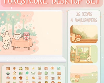Kawaii Forestcore デスクトップオーガナイザー: アイコンと壁紙 (デジタルダウンロード)