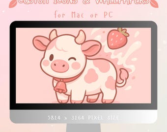 Desktop Wallpaper Organizer Set Featuring Kawaii Strawberry Cow