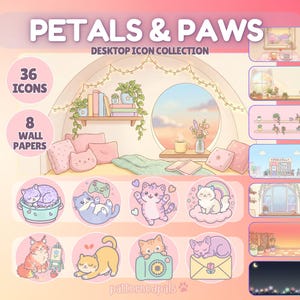 May include: A digital art collection titled "Petals & Paws" featuring 36 icons and 8 wallpapers. The design includes illustrations of cats, flowers, and cozy interior scenes in a pastel color palette. The patternedpals logo is at the bottom.