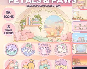 Cute Cat Desktop Organizer Bundle | 36 Kawaii Folder Icons + 8 Cozy Wallpapers | Pastel Mac & Windows Desktop Theme