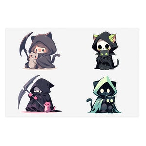 Grim Reaper and Cat Kawaii Stickersheet: Delightfully Charming Designs | Emo Stickers | Gothic Sticker Pack | Anime Sticker Bundle