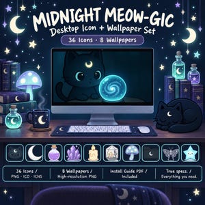 Midnight Meow-gic Desktop Theme | Cat Wallpaper | Desktop Icons | Aesthetic Pack for Mac & Windows | Whimsical Wallpaper | lofi desktop