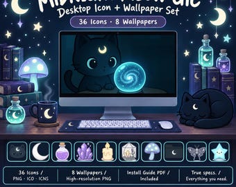 Midnight Meow-gic Desktop Theme | Cat Wallpaper | Desktop Icons | Aesthetic Pack for Mac & Windows | Whimsical Wallpaper | lofi desktop