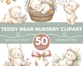 Pink Teddy Bear Nursery Clipart Bundle, 50 Transparent PNGs