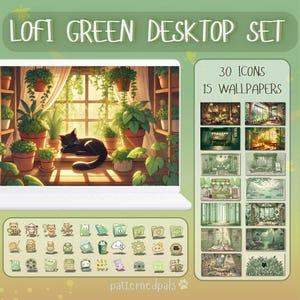 Lofi Green Desktop Organizer – Matcha Wallpapers & Kawaii Icons for Mac and PC (Digital Download)