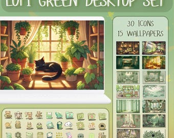 May include: A digital illustration of a desktop set with a green and brown color scheme. The set includes 30 icons and 15 wallpapers. The icons are of various shapes and sizes, and the wallpapers feature a variety of scenes, including a cat sitting in a window, a forest, and a room with plants. The text "LOFI GREEN DESKTOP SET" is at the top of the image, and the text "30 ICONS 15 WALLPAPERS" is at the top right of the image.