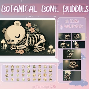 Puede incluir: Una pantalla de portátil muestra una ilustración caprichosa de un esqueleto de oso con flores, parte de la colección "Botanical Bone Buddies". La imagen incluye 36 iconos y 8 fondos de pantalla, con una variedad de diseños lindos.